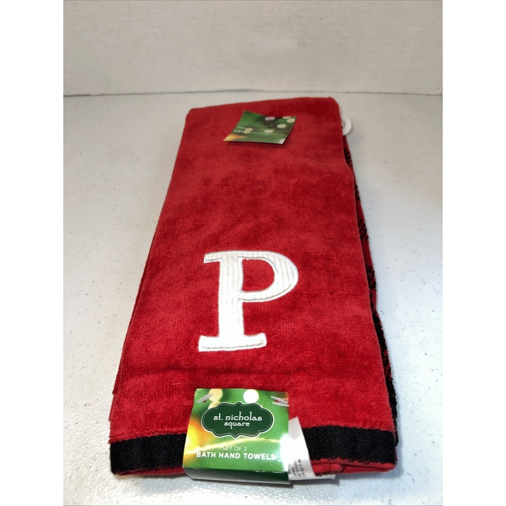 St. Nicholas Square 2 Red Bath Hand Towels 16"x25" Monograms Letter P Christmas